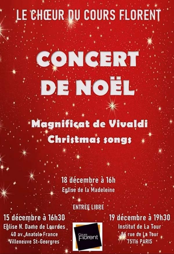 Affiche du concert de Noël 2019 du Chœur Florent, avec les élèves du Cours Florent