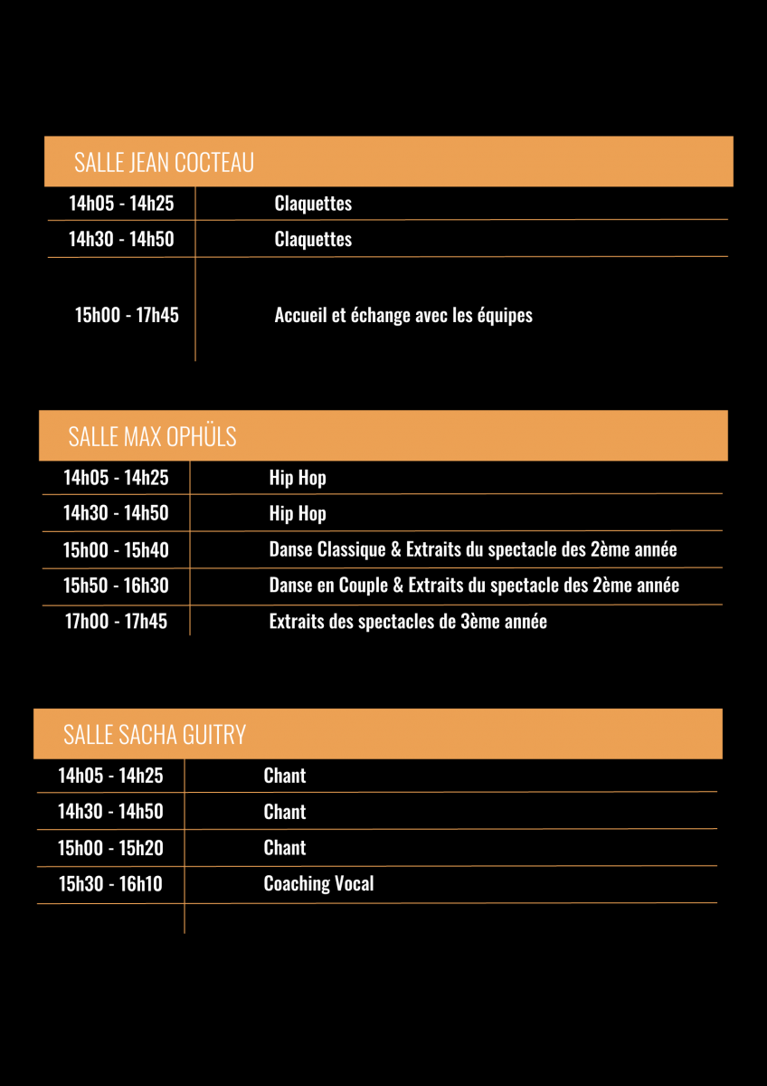 Planning de la journée portes ouvertes du Cours Florent Comédie Musicale